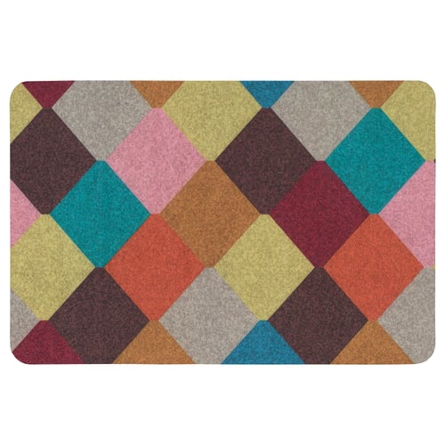 TORGPLATS doormat with multicoloured geometric squares, durable recycled polyester.