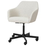 A TOSSBERG swivel office chair in light grey fabric with a black base. It has a cushioned seat and back, and five caster wheels for mobility.