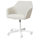 TOSSBERG chair: cream fabric, curvy shape, adjustable height, 5 white wheels.