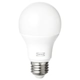 Ikea TRÅDFRI smart bulb, white, spherical with metallic base.