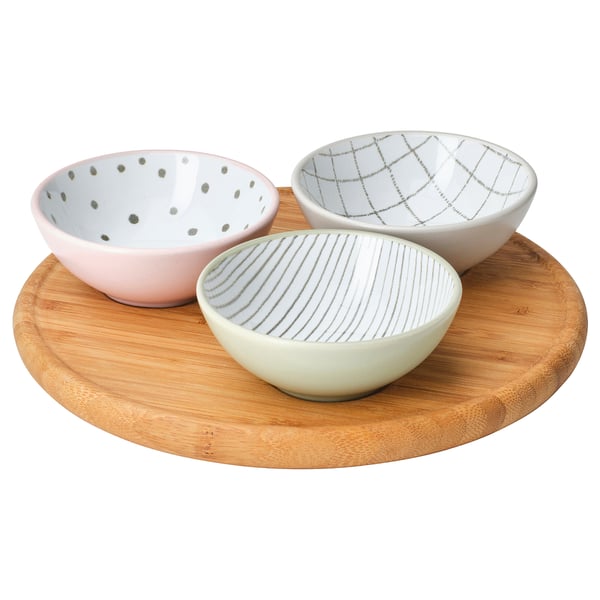 TRÅDTICKA set: 3 colorful bowls on bamboo tray. Patterns: dots, lines, diamonds. Durable, stylish for sharing snacks.