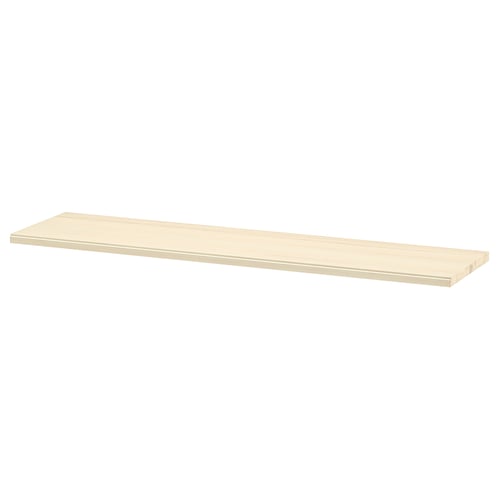 A TRANHULT wall shelf in natural wood colour. Its rectangular, made of solid aspen, and has a simple design with bevelled and smooth edges.