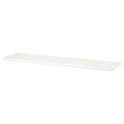 A TRANHULT white wall shelf made of solid wood with a smooth and bevelled edge.