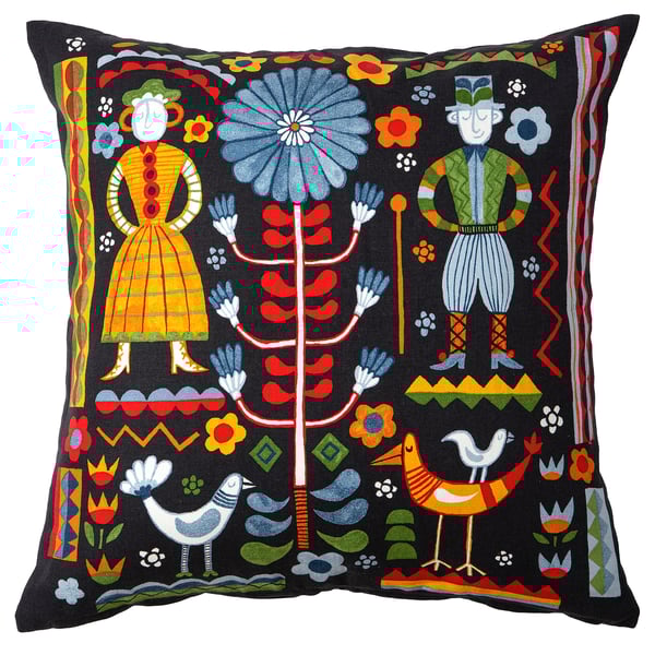 TRATTKAKTUS black cushion with colorful folk designs