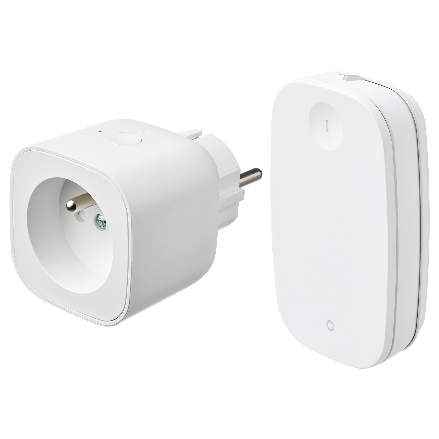 Displays two white smart home devices: a plug adapter and a remote control, both sleek and minimalist.
