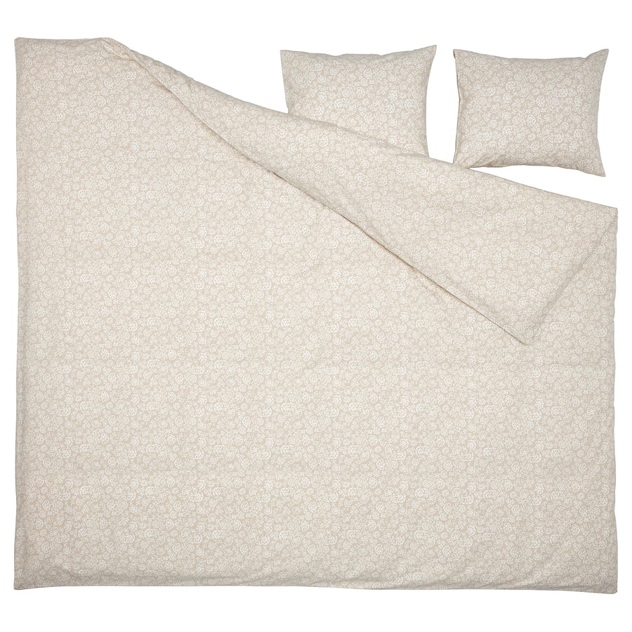 TRINDSTARR Duvet cover and 2 pillowcases, beige/white, 200x200/50x60 cm