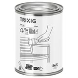 A white can of clear ikea TRIXIG wood stain, designed for outdoor use. It a metal lid and includes illustrations of application on furniture.