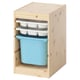 A wooden TROFAST childrens storage unit with compartments and a light blue plastic bin.