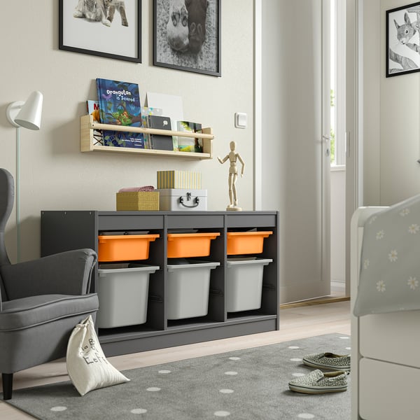 Gray & orange TROFAST kids storage unit with toys & books