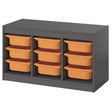TROFAST storage unit in gray with nine orange/brown plastic bins.