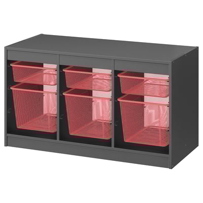 A TROFAST storage unit with a black frame and six red mesh buckets, ideal for organizing items.