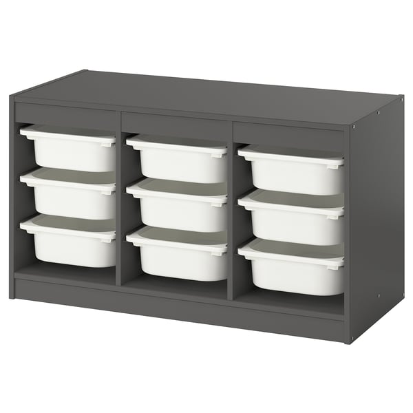TROFAST grey storage unit with 12 white containers, organized in 3 columns.