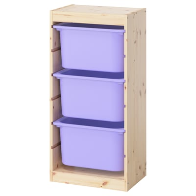 Ikea TROFAST wooden frame with purple plastic storage bins.