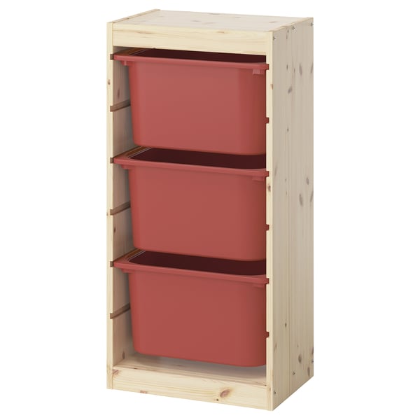 TROFAST storage, light wood, red bins, rectangular, open shelves.