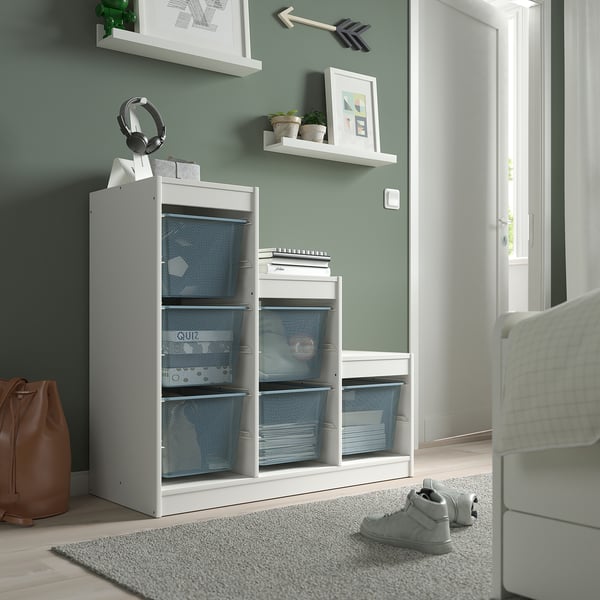 TROFAST storage unit in white with mesh boxes, ideal for a teens room.