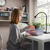 Woman organizing items in wall-mounted mesh boxes at a desk with lamp and plant.