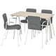Option: Modern dining set with light wooden table and four grey chairs with white metal legs.