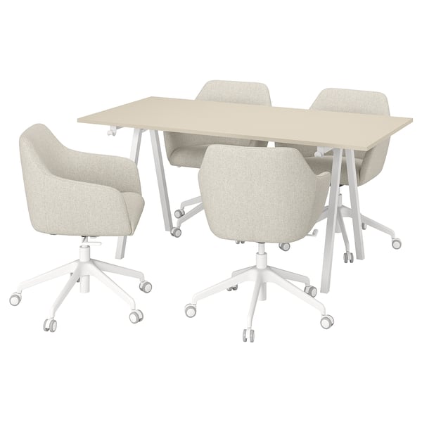 A trotton office desk and four chairs. The furniture is beige and white with metal legs and casters. The chairs are upholstered in a light fabric.