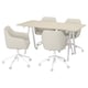 A trotton office desk and four chairs. The furniture is beige and white with metal legs and casters. The chairs are upholstered in a light fabric.
