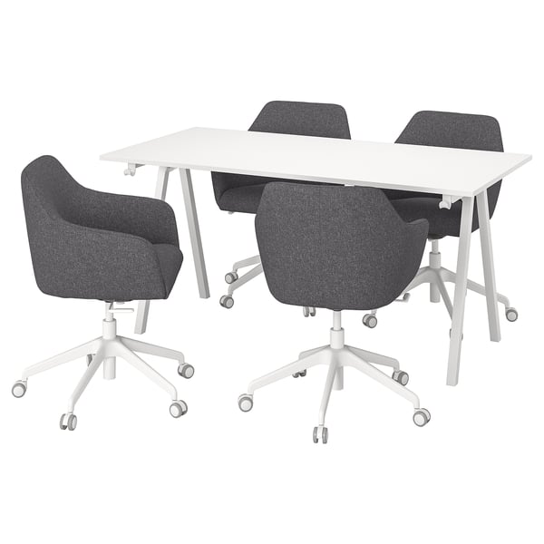A TROTTEN white office desk with four gray fabric swivel chairs.
