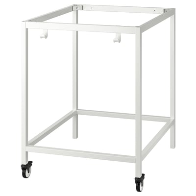 Ikea TROTTEN, white metal stand, 4 wheels, rectangular frame, modern design.