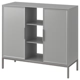 A modern, gray TULLSTORP metal sideboard with sleek, beveled doors and open shelves for storage.