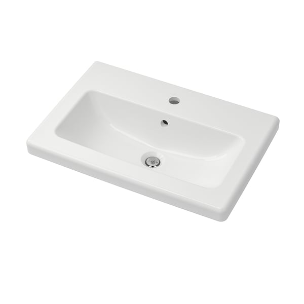 White ceramic TVÄLLEN wash-basin, rectangular, single tap, durable glaze.