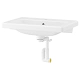 Depicts a TVÄLLEN white ceramic wall-mounted washbasin with a sleek rectangular design and soft edges.