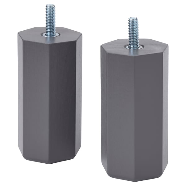Two gray ULLARP wood furniture legs with threaded tops; sleek, hexagonal design.
