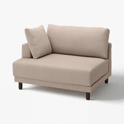 UPPÅKRA: beige-stripe sofa, wood legs, corner seat, cosy.