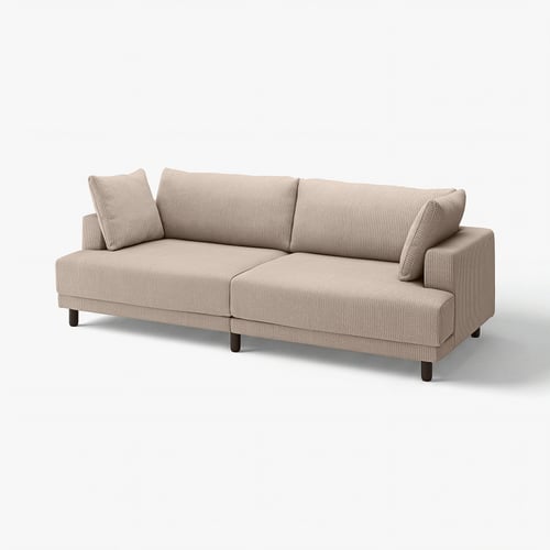 Modern beige sofa with striped fabric, dark legs, and plush cushions.