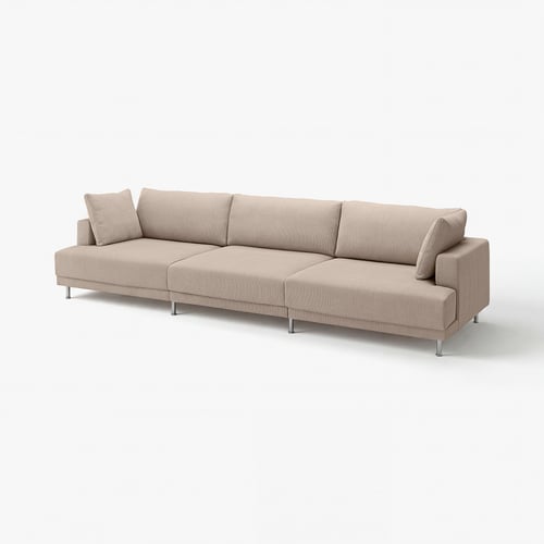 Modern beige UPPÅKRA sofa, stainless legs, oversized cushions.
