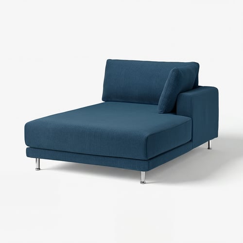 Blue UPPÅKRA sofa, modern minimalist design, right-arm chaise, sturdy steel legs, comfortable fabric seating.