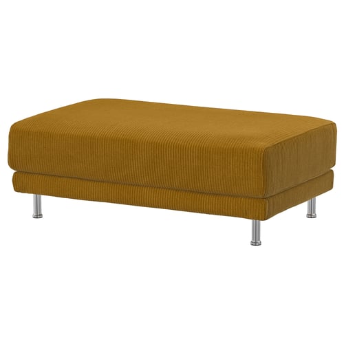 Mustard yellow ottoman, rounded edges, four metal legs, textured corduroy fabric.