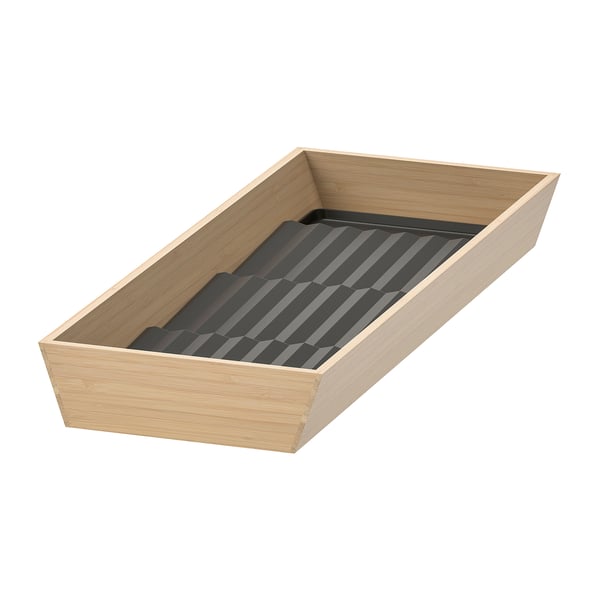 Light brown wooden tray with black striped insert.