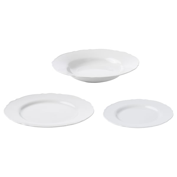 Three white porcelain dishes with ruffled edges arranged in triangle. Elegant and rustic design, durable, dishwasher-safe.