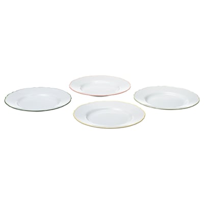 Four white UPPLAGA side plates in a row, each with different colored rims: turquoise, red, gold, and blue.