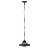 Black rustic pendant lamp with glass shade for outdoor use.