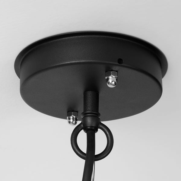 Black pendant lamp ceiling mount, secure design with metal bolts, hanging ring, suitable for outdoor use.