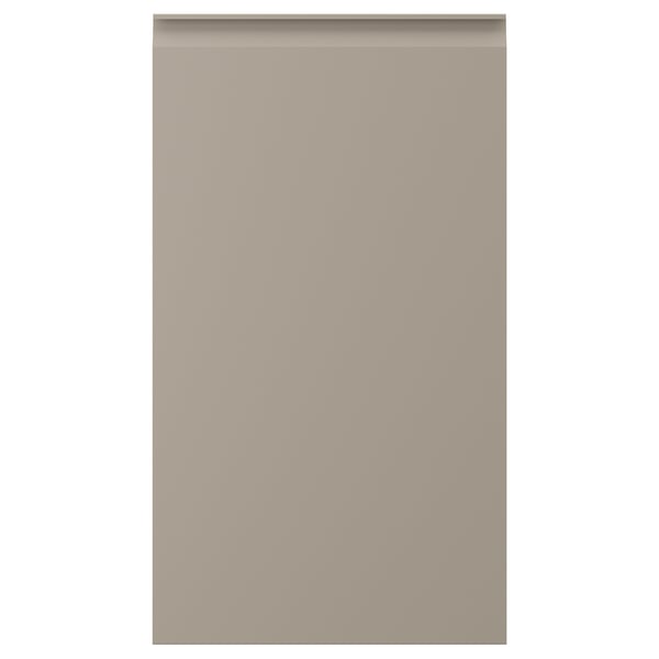 Displays a beige kitchen cabinet door with a modern design, featuring a smooth surface and integrated handles.