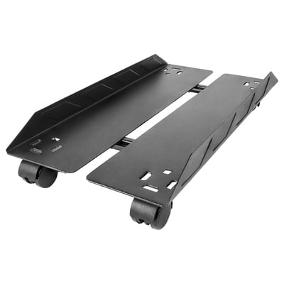 A UPPSPEL black metal cpu stand with wheels, adjustable for various tower widths.