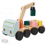 This image shows a light blue wooden toy crane truck with black wheels, a wooden crane arm, and colorful magnetic blocks.