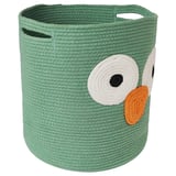 Green UPPSTÅ owl storage basket, braided cotton, round with handles.