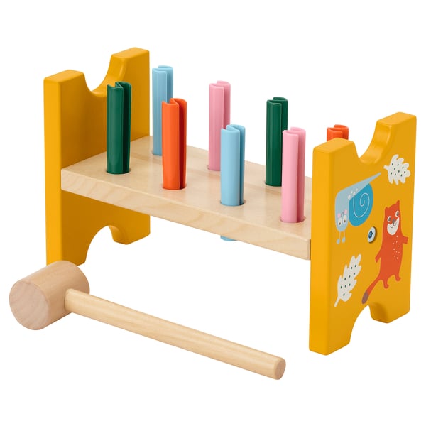 Wooden hammer block toy with colorful pegs and mallet, aids motor skills.