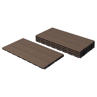 Two sets of brown, rectangular, interlocking deck tiles displayed, designed for outdoor use, made from recycled plastic and wood composite.