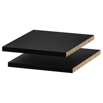 Two black rectangular shelves, stacked, with smooth surfaces and sturdy edges. Design is sleek and modern.