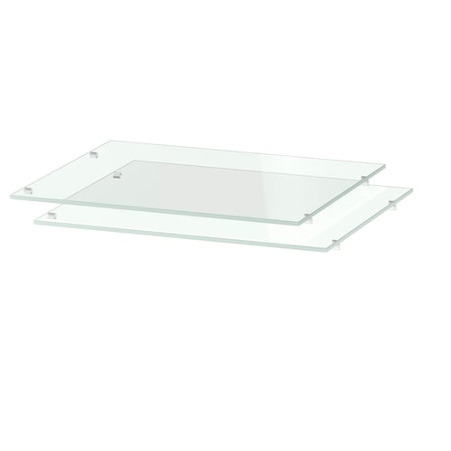 Glass shelves with metal clips for kitchen cabinets.