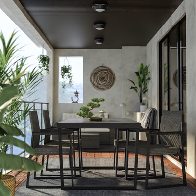 Modern patio table, VÄRMANSÖ, black, metal, rectangular, minimalist.