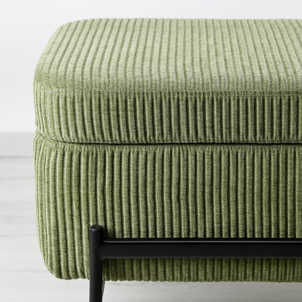 Modern green corduroy bench with sleek metal legs, showcasing high-quality fabric and sturdy frame.