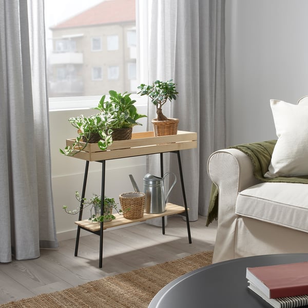 True-to-size VANILJSTÅNG plant stand, wooden with black legs, holding various potted plants near a large window in a cozy living space.